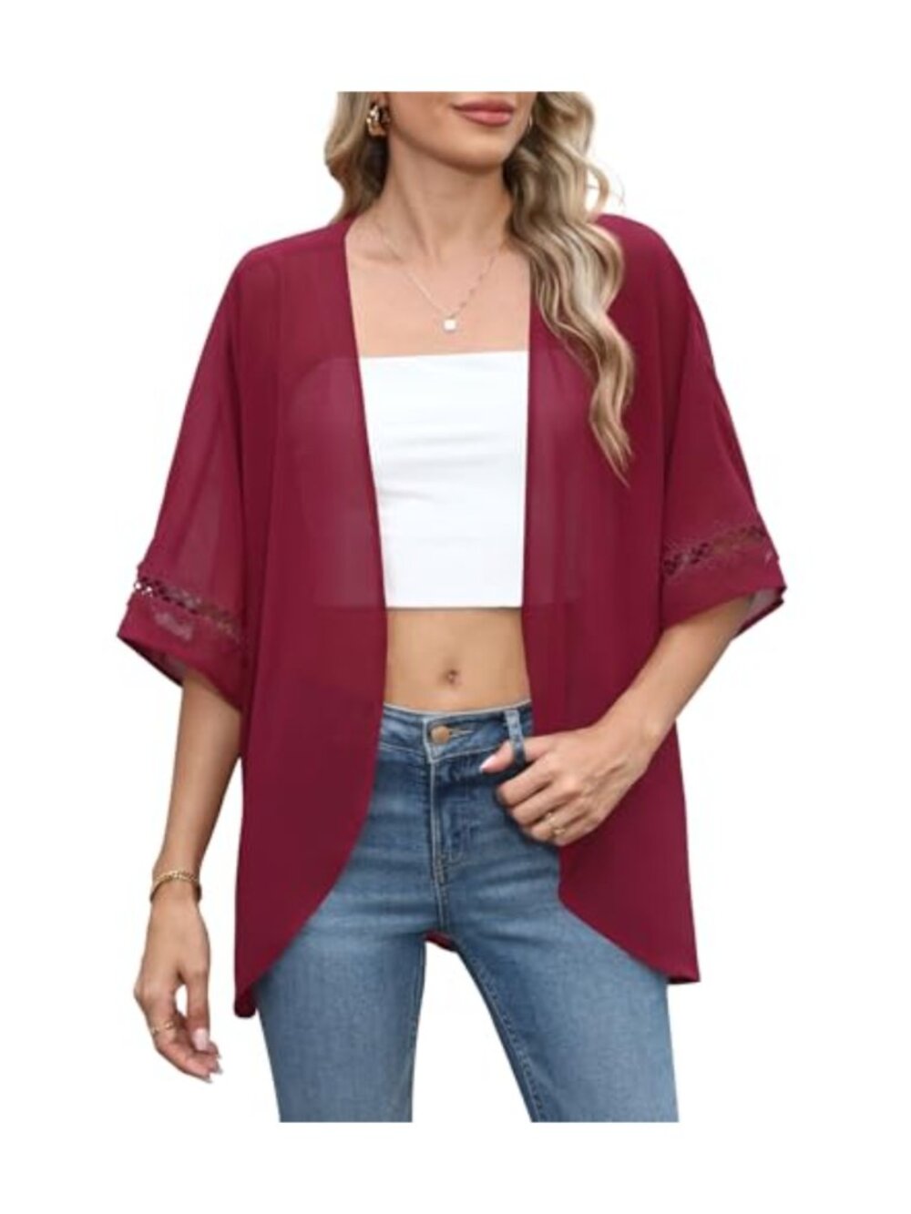 Women Chiffon Cardigan Lace Puff Sleeve Beach Cover Up Open Front Swimwear